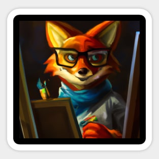 Artistic Fox Wearing Thick Frame Glasses Oil Painting Sticker